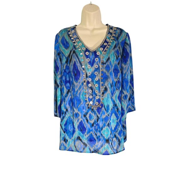 Chico's Women's Blue Ikat Print Embellished V Neck Tunic Blouse 3/4 Sleeve Sz 2 - Picture 1 of 14
